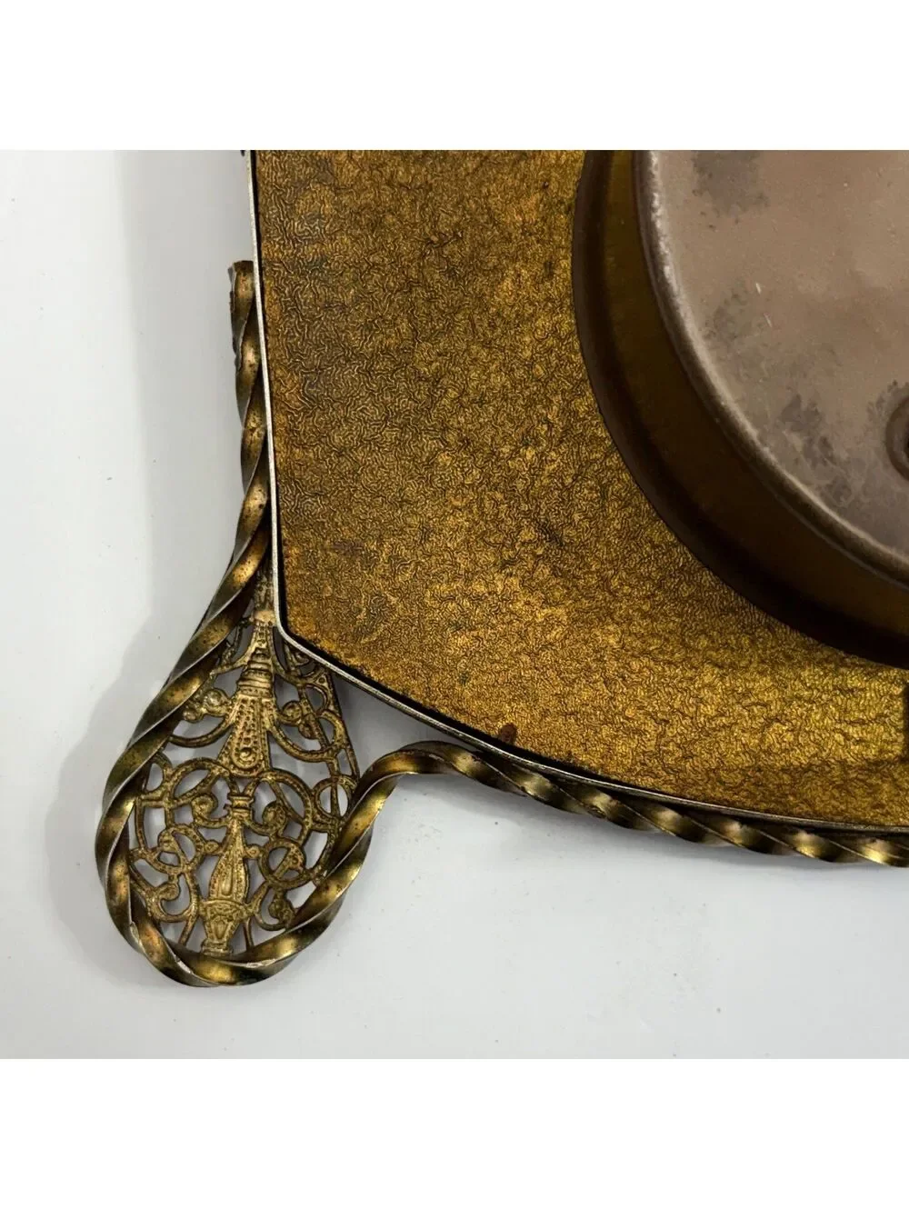 Antique Filigree Brass Table Clock with Floral Petit Point Flowers